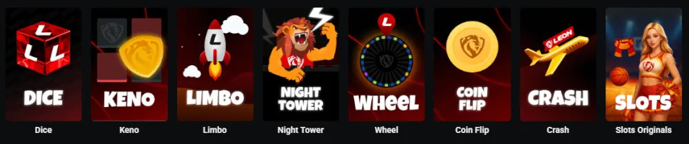 Seleção de jogos originais da Leon incluindo Dados, Keno e Limbo